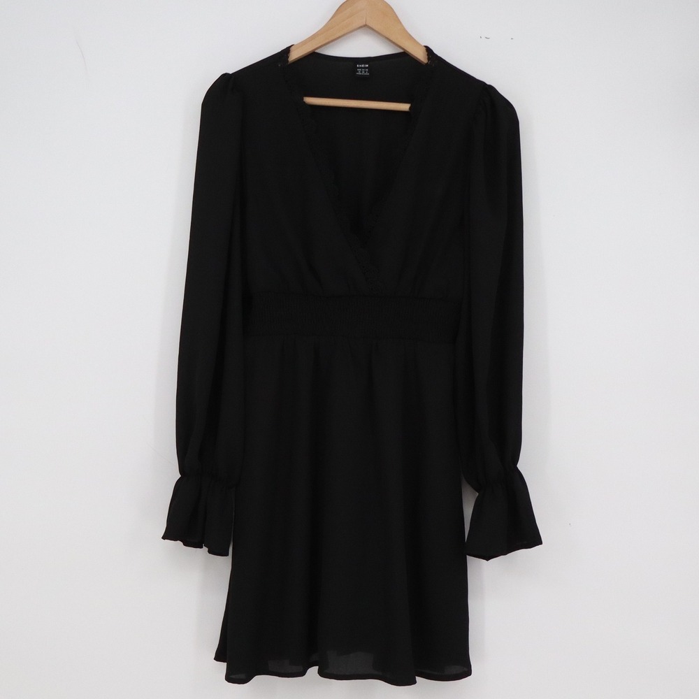 SHEIN Dress Womens Medium Long Sleeve V-Neck Smocked Waist Black Mini Excellent